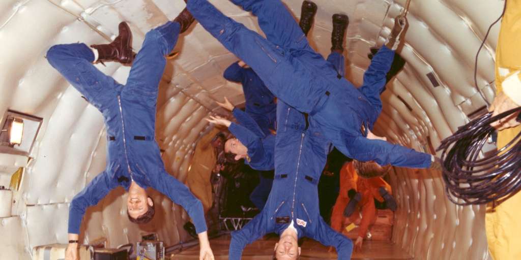 Astronauts in weightlessness state in the KC-135 Stratotanker.